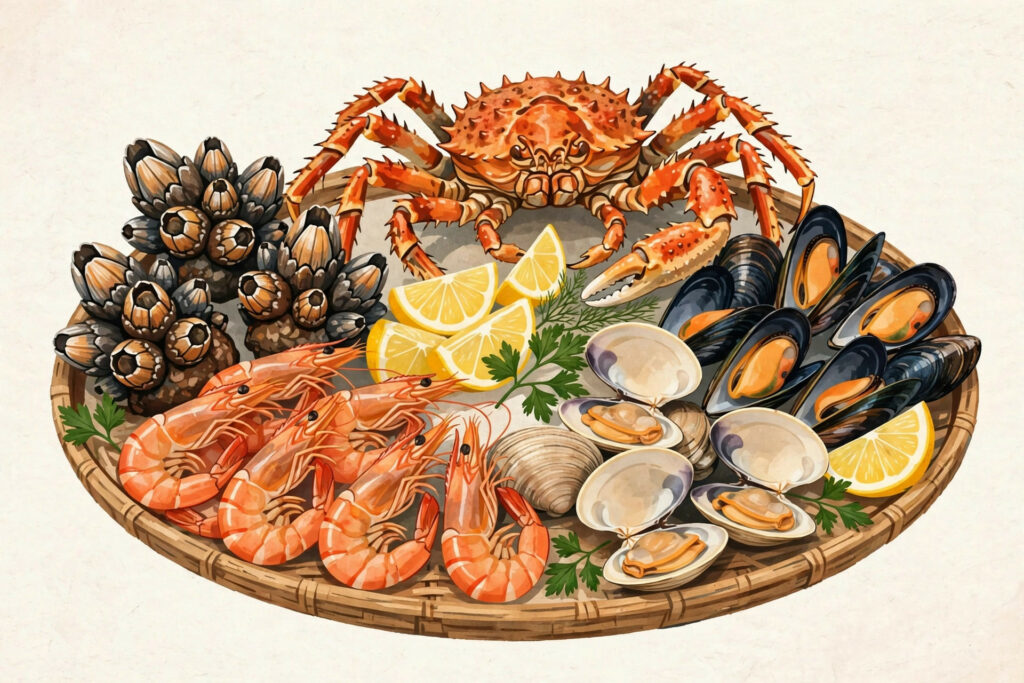 Ilustración de una mariscada gallega completa